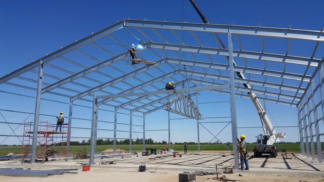 Metal framework rising as workers weld and secure steel beams for a durable cattle barn structure under a clear sky