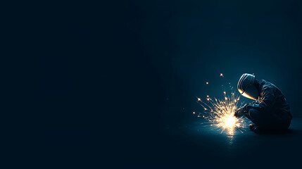 Worker welding metal in dark environment, sparks flying, showcasing minimalist design and focused craftsmanship