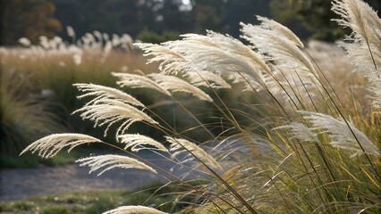 Ornamental grasses and pampas grass tufts creating elegant isolated landscaping elements with on AI Generated