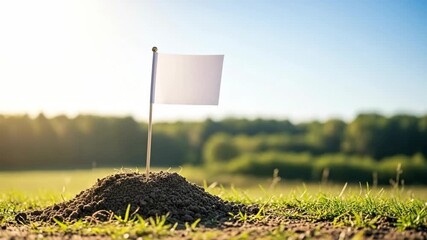 Woman planting a white flag on a mound of soil, signifying achievement and new beginnings in a sunny field footage.