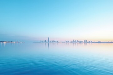 Obraz premium serene view of modern cityscape skyline at dawn, reflected in calm blue water. tranquil landscape with clear sky. presentation, web design, banner, background.