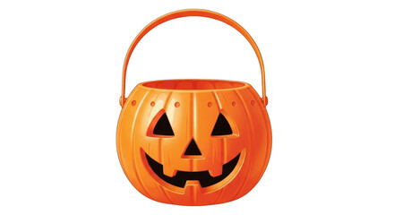 A bright orange plastic pumpkin candy bucket with a carved jackolantern face and a handle, isolated on a transparent background