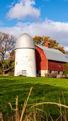 Red barn and silo on a grassy field under a partly cloudy sky