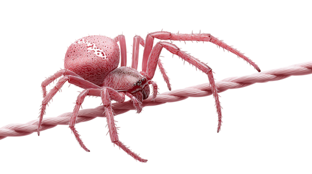 Simple spider dangling from thin thread line art isolated on transparent background 