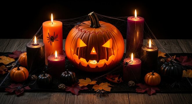Spooky halloween pumpkin centerpiece with candles and spiderwebs on wooden table - Powered by Adobe