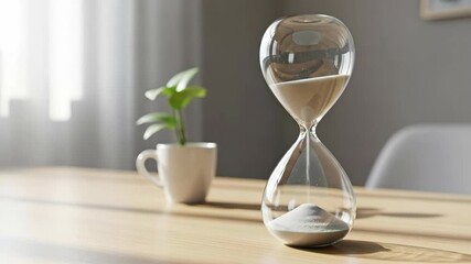Hourglass on a wooden desk with a small plant, sand slowly running down as a concept of time passing and deadlines, a reminder to be efficient, footage.