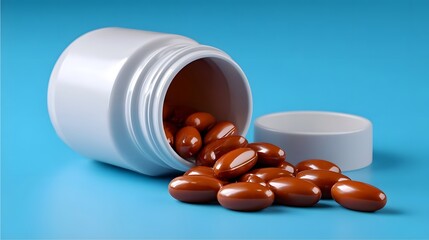 Close-up view of various brown and white medication pills and capsules spilled out from a white phar eutical bottle on a bright blue background