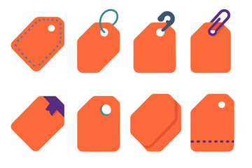 Colorful Tag Icons. Tag Variations in modern flat vector : stitched tag, tag with string, tag with pin, tag with clip, tag with ribbon, tag with