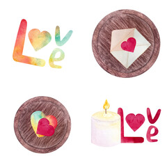 Love symbols, including hearts, candle, love lettering, romantic envelope watercolor set isolated on white. Perfect for Valentines Day cards, wedding stationery, romantic patterns, posters, packaging