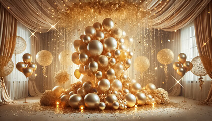 Golden Balloons Float Elegantly in a Luxurious Setting