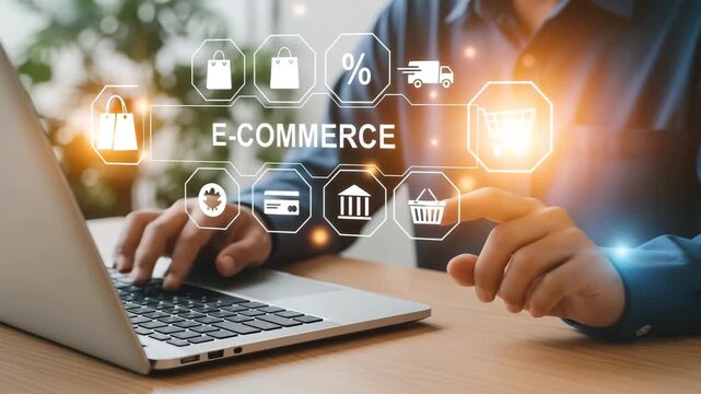 Man using laptop with ecommerce icons, representing online shopping, digital marketing, and the future of retail and consumerism