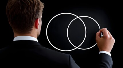 Businessman in suit standing in front of a blackboard, drawing a strategic business planning diagram with interconnected circles or a Venn diagram to analyze data, make decisions, and find solutions.