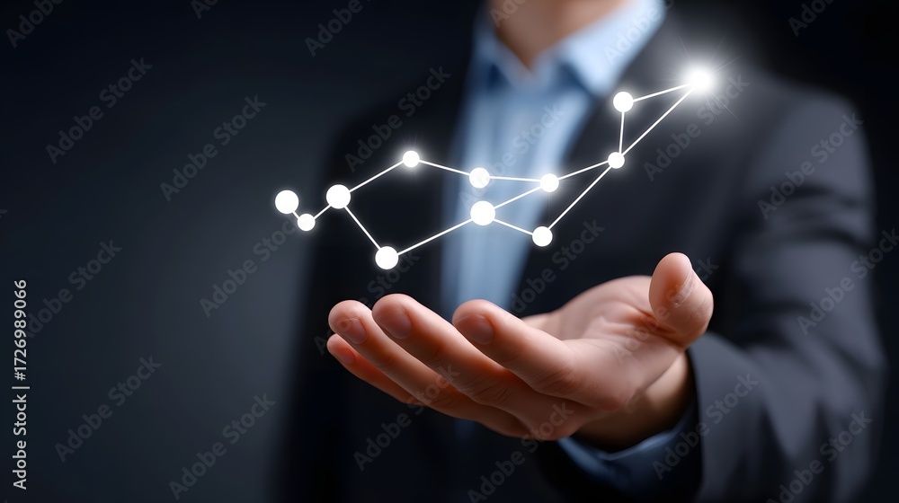 Poster a businessperson in a suit presenting a digital display of interconnected data points and technologi