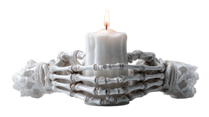 Skeleton hands holding candle, isolated on transparent background