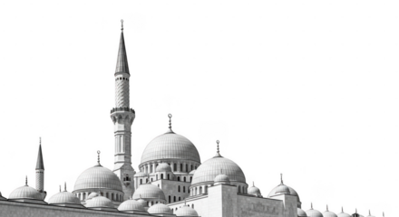 A detailed black and white illustration of a grand mosque with multiple domes and a tall minaret, isolated on a transparent background