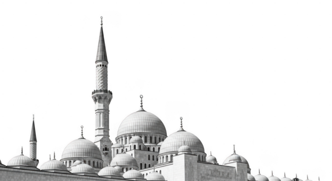 A detailed black and white illustration of a grand mosque with multiple domes and a tall minaret, isolated on a transparent background