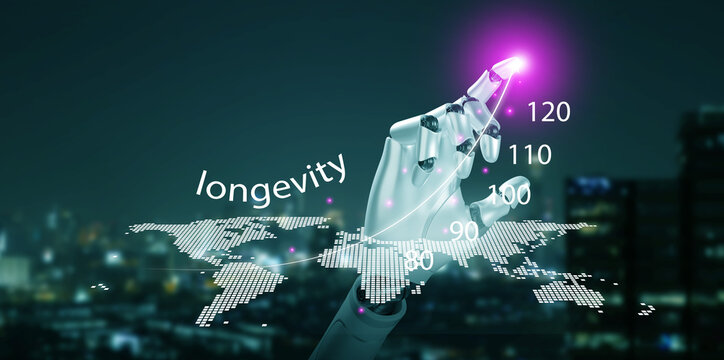 Futuristic AI robotic hand touching glowing point above digital world map with longevity text and ages of people, symbolizing global healthcare, artificial intelligence, and advanced technology.