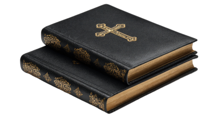 Black holy bible religious book scripture Christian faith worship spiritual text gospel prayer study guide isolated on white background