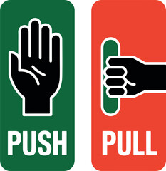 Obraz premium Green push sign with hand icon red pull sign with hand icon door vector
