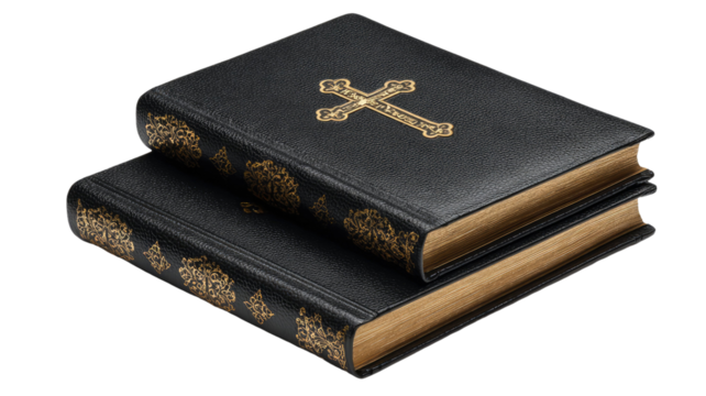 Black holy bible religious book scripture Christian faith worship spiritual text gospel prayer study guide isolated on white background