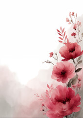 Watercolor pink flowers border on white background, delicate floral frame for wedding and greeting cards