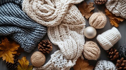 Seasonal knitted decorations displayed in cozy flat lay with leaves and pinecones