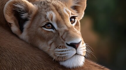 Fototapeta premium Captivating closeup portrait of a majestic lion, its powerful yet thoughtful expression captured in vivid detail.