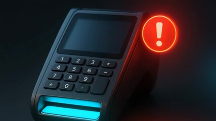 A modern payment terminal with an alert icon, showcasing advanced technology for secure transactions and electronic payments. - Powered by Adobe