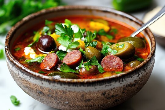 Vibrant bowl of solyanka soup with sausage, olives, rice, and pickle garnish