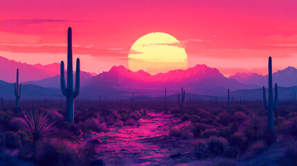 Saguaro National Park Sunset – Arizona Desert Landscape with Pink Mountain and Cactus, Retro Pop Art Style Watercolor Digital Illustration
