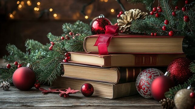 Beautifully arranged books surrounded by festive Christmas decorations and ornaments