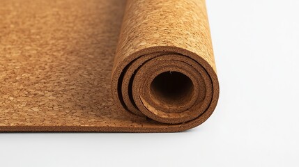 Eco-friendly cork yoga mat rolled up and ready for practice in a bright, minimalistic space for wellness enthusiasts