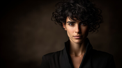 Young woman with curly dark hair wearing black jacket in dramatic studio lighting portrait with intense gaze and serious expression