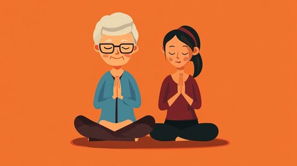Senior meditating peacefully with caregiver in a calm indoor setting around midday