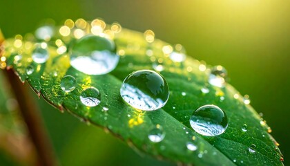 Several glistening water droplets adorn a vibrant green leaf, illuminated by soft sunlight, creating a refreshing and captivating closeup of natures beauty