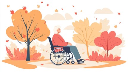 Senior in wheelchair enjoys a peaceful park during autumn season with falling leaves around