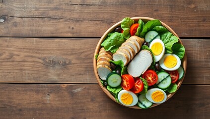 keto salad avocado grilled chicken low carb cherry tomatoes cucumber boiled eggs healthy eating rustic table
