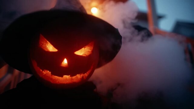 Two carved pumpkins with glowing faces stand in the dark, surrounded by smoke. Costumed figures loom behind them, creating a spooky atmosphere during Halloween night