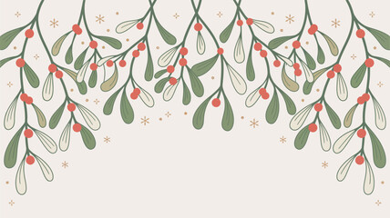 A decorative christmas background with mistletoe branches and small snowflakes on a light background