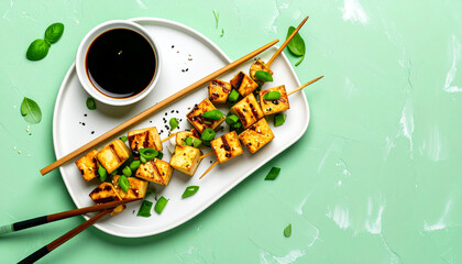 Grilled tofu skewers with soy sauce and green onions, a delicious vegetarian dish.