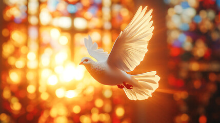 White Dove Flying with Church Cross and Sunset Stained Glass &ndash; 3D Spiritual Digital Art Symbolizing the Holy Spirit, Peace, and Love