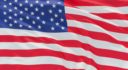 Waving American flag with vibrant red stripes and crisp white stars against a clear blue sky, symbolizing freedom and patriotism.