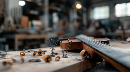 Detailed focus on a violin's crafting process in a luthier's workshop atmosphere