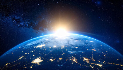 Obraz premium Stunning view of Earth from space, showcasing the sun's radiant glow and the planet's atmosphere.
