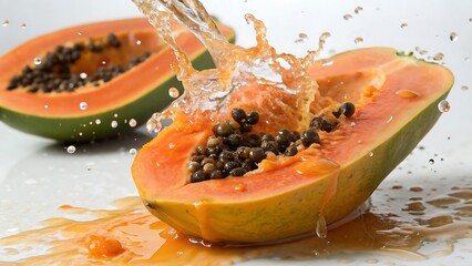 Papaya half explosion with refreshing splash, exotic fruit indulgence, vibrant freshness and on AI generated