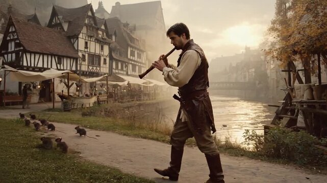Pied Piper of Hamelin playing the flute and guiding the rats.