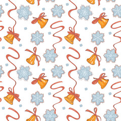 A Christmas pattern featuring snowflakes, bows, ribbons and jingle bells. A winter background with New Year symbols. Suitable for banners, backdrops, packaging, cards, fabric, and textiles.
