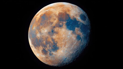 Obraz premium A close-up view of the moon's surface, showcasing a variety of earthy tones and crater formations against a dark backdrop.