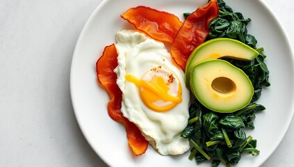 scrambled eggs keto bacon avocado breakfast spinach low carb healthy eating ketogenic protein
