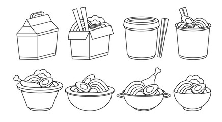 ramen and noodle dishes icon collection of black and white line art illustrations features various bowls take out boxes restaurant menus simplified icon style design